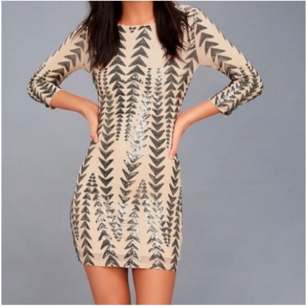 Lulus Womens sz Small Sequin Bodycon Dress - Shine on Me Nude NWOT